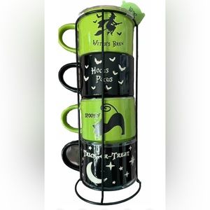 GREEN & BLACK HALLOWEEN MUG STACKER W/ RACK 4 Pc. WITCH, CAT, MOON, HOCUS POCUS